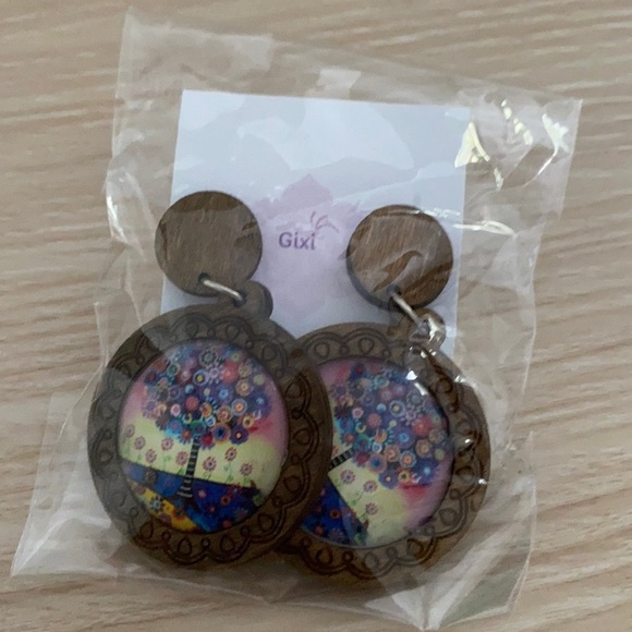 Tree of life wooden multicolored earrings NWT - Picture 2 of 5
